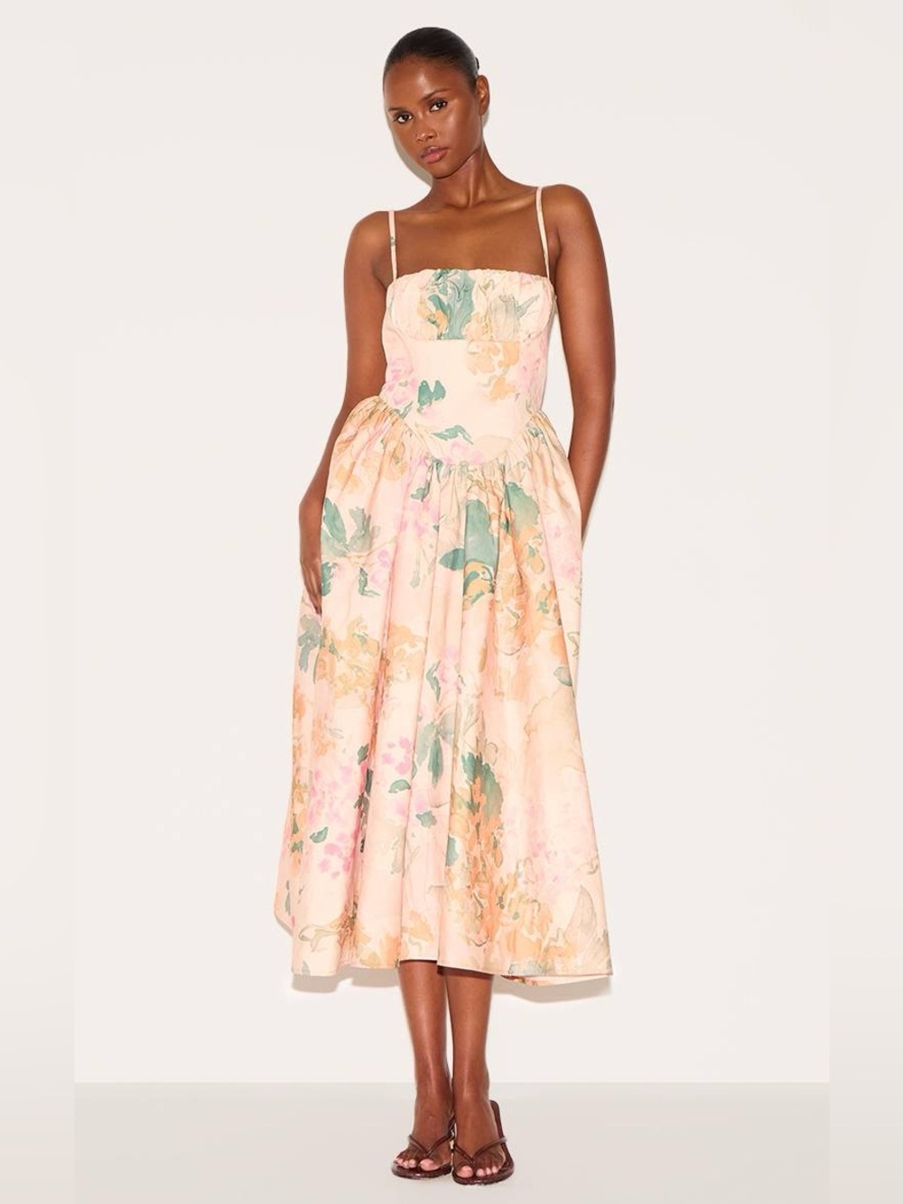 NWT PrettyLittleThing Pink Abstract Floral Corset Strappy Midi Dress US 8 UK 12